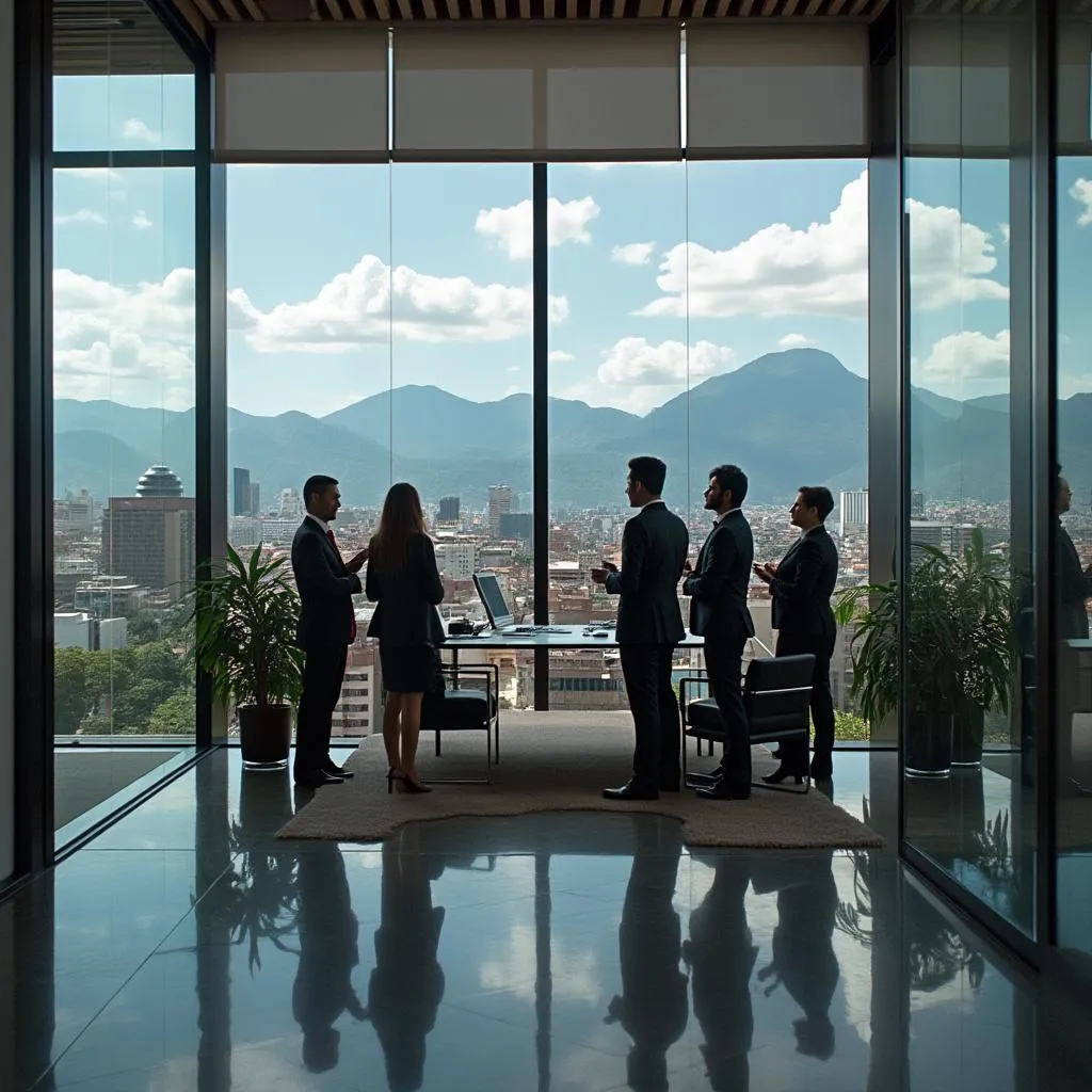 Equipo de consultores financieros en oficina moderna de Bogotá
