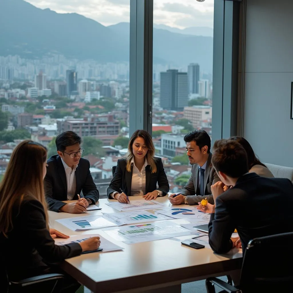 Equipo de consultores financieros en oficina moderna en Bogotá